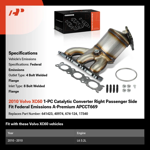 2010 Volvo XC60 1-PC Catalytic Converter Right Passenger Side Fit Federal Emissions A-Premium APCCT669