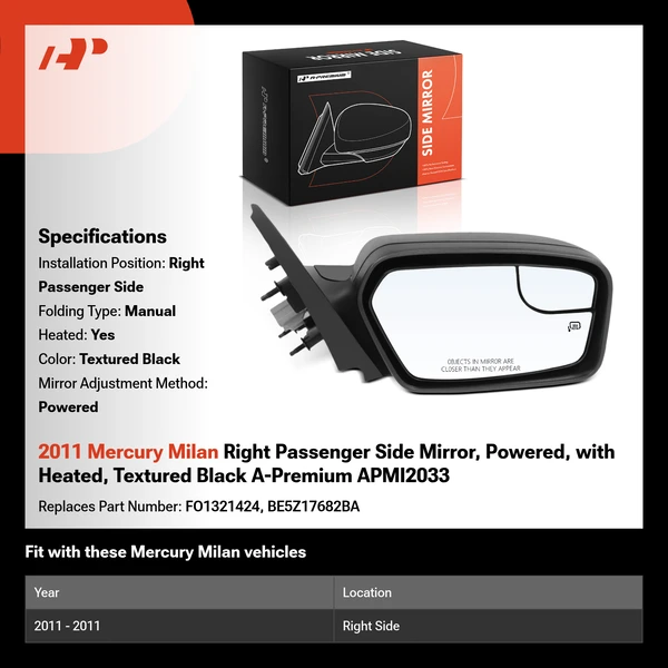 2011 Mercury Milan Right Passenger Side Mirror, Powered, with Heated, Textured Black A-Premium APMI2033