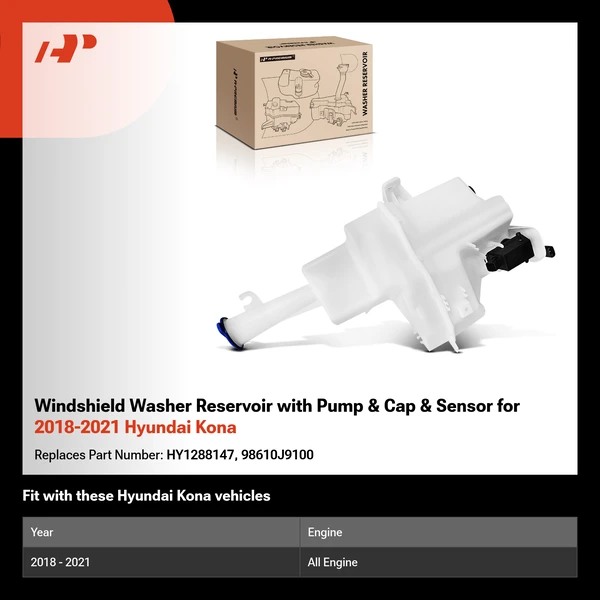 Windshield Washer Reservoir with Pump & Cap & Sensor for 2018-2021 Hyundai Kona