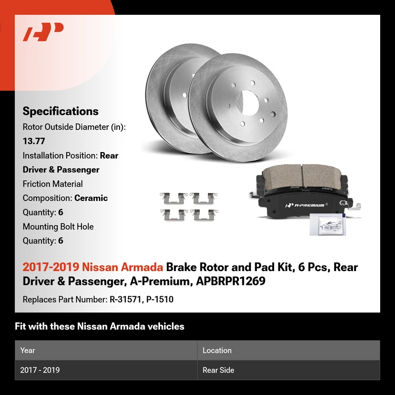 2017-2019 Nissan Armada Brake Rotor and Pad Kit, 6 Pcs, Rear Driver & Passenger, A-Premium, APBRPR1269