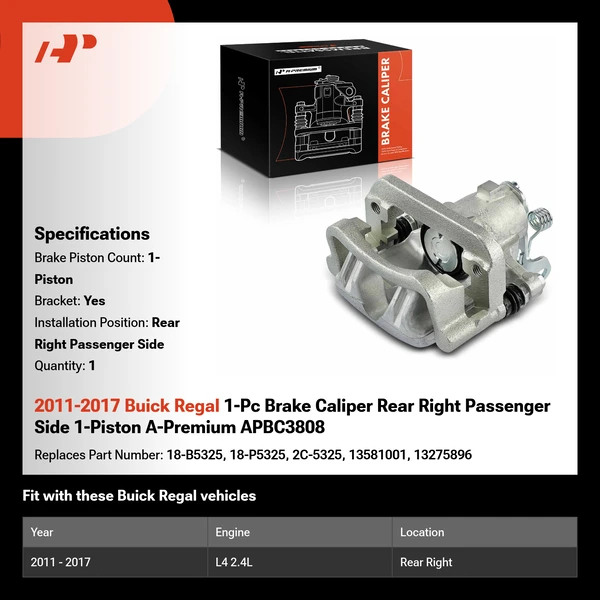 2011-2017 Buick Regal 1-Pc Brake Caliper Rear Right Passenger Side 1-Piston A-Premium APBC3808