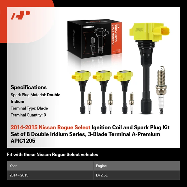 2014-2015 Nissan Rogue Select Ignition Coil and Spark Plug Kit Set of 8 Double Iridium Series, 3-Blade Terminal A-Premium APIC1205