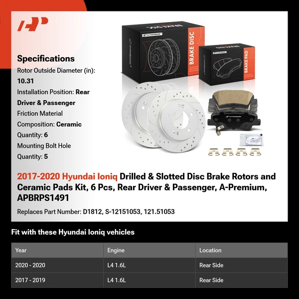 2017-2020 Hyundai Ioniq Drilled & Slotted Disc Brake Rotors and Ceramic Pads Kit, 6 Pcs, Rear Driver & Passenger, A-Premium, APBRPS1491