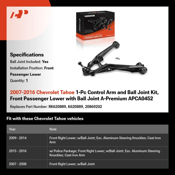 2007-2016 Chevrolet Tahoe 1-Pc Control Arm and Ball Joint Kit, Front Passenger Lower with Ball Joint A-Premium APCA0452
