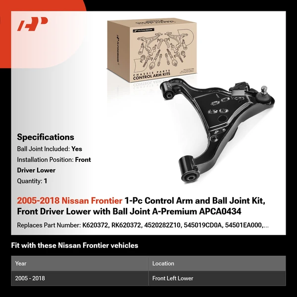 2005-2018 Nissan Frontier 1-Pc Control Arm and Ball Joint Kit, Front Driver Lower with Ball Joint A-Premium APCA0434