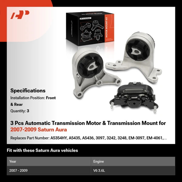 3 Pcs Automatic Transmission Motor & Transmission Mount for 2007-2009 Saturn Aura