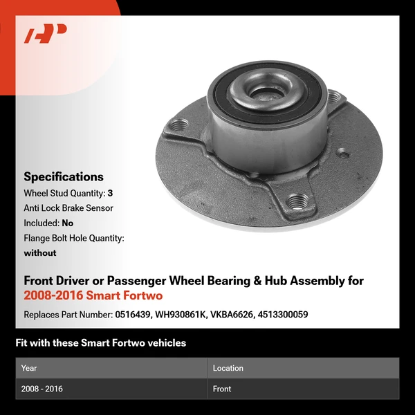 Front Driver or Passenger Wheel Bearing & Hub Assembly for 2008-2016 Smart Fortwo