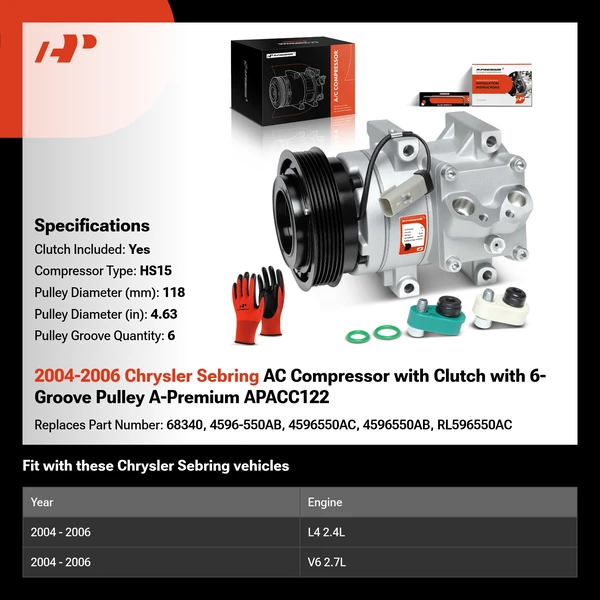 2004-2006 Chrysler Sebring AC Compressor with Clutch with 6-Groove Pulley A-Premium APACC122