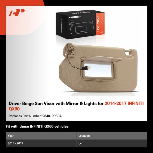 Driver Beige Sun Visor with Mirror & Lights for 2014-2017 INFINITI QX60