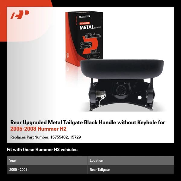Rear Upgraded Metal Tailgate Black Handle without Keyhole for 2005-2008 Hummer H2