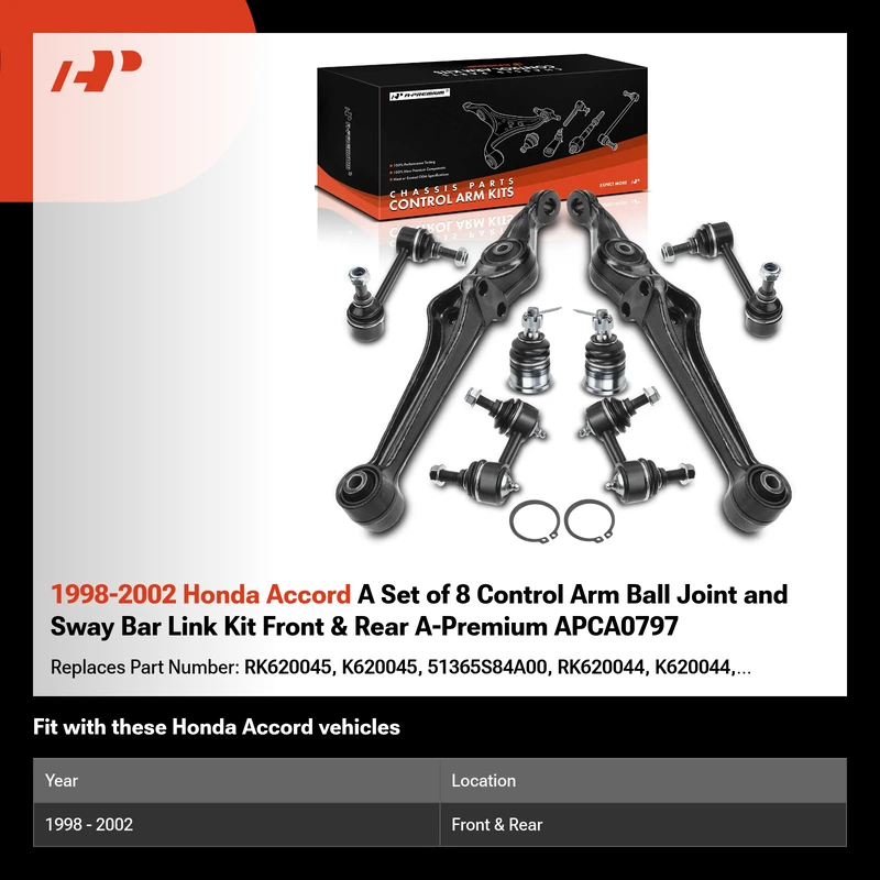 1998-2002 Honda Accord A Set of 8 Control Arm Ball Joint and Sway Bar Link Kit Front & Rear A-Premium APCA0797