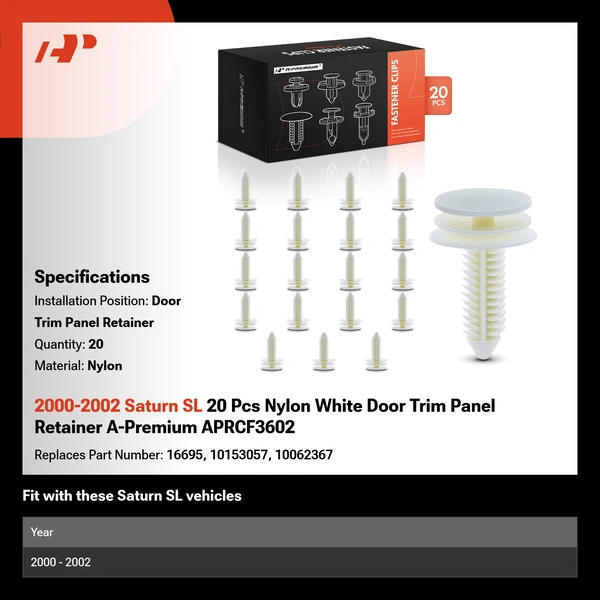 2000-2002 Saturn SL 20 Pcs Nylon White Door Trim Panel Retainer A-Premium APRCF3602
