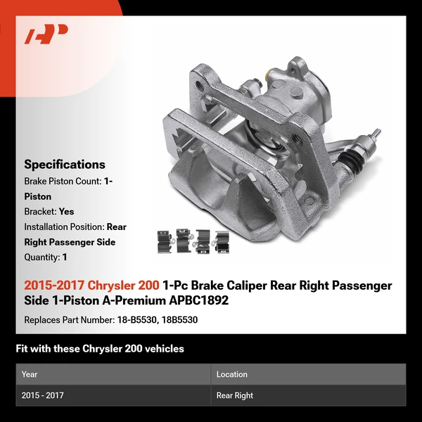 2015-2017 Chrysler 200 1-Pc Brake Caliper Rear Right Passenger Side 1-Piston A-Premium APBC1892