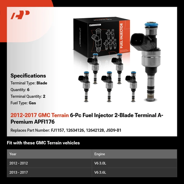 2012-2017 GMC Terrain 6-Pc Fuel Injector 2-Blade Terminal A-Premium APFI176