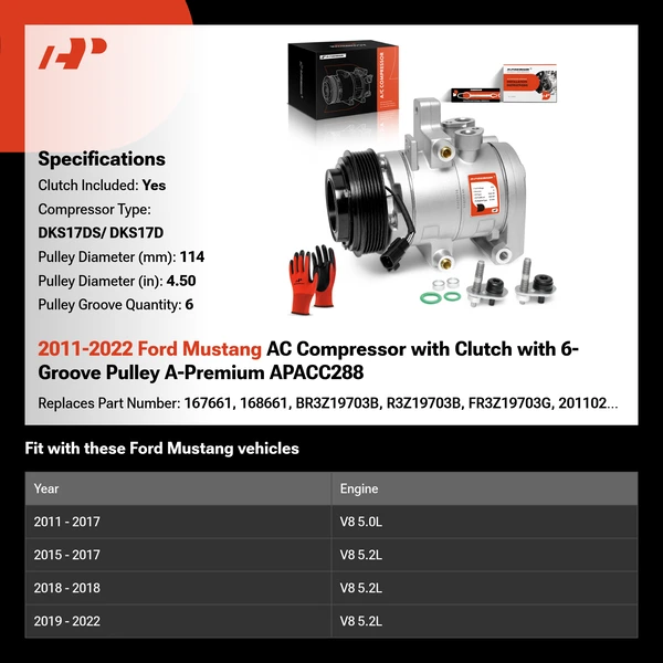 2011-2022 Ford Mustang AC Compressor with Clutch with 6-Groove Pulley A-Premium APACC288