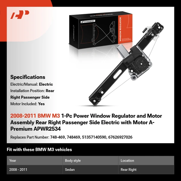 2008-2011 BMW M3 1-Pc Power Window Regulator and Motor Assembly Rear Right Passenger Side Electric with Motor A-Premium APWR2534