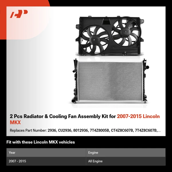 2 Pcs Radiator & Cooling Fan Assembly Kit for 2007-2015 Lincoln MKX