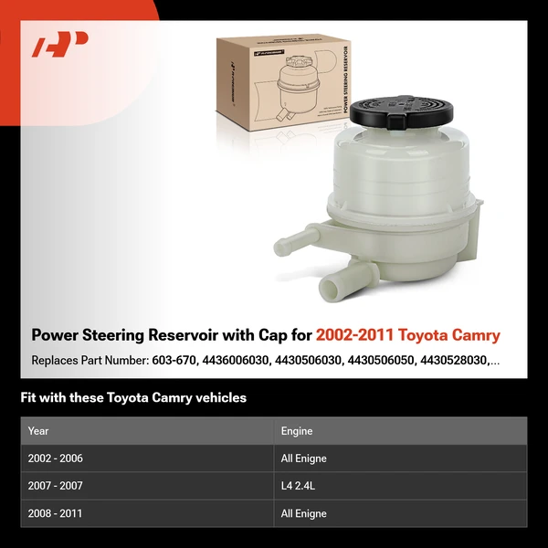 Power Steering Reservoir with Cap for 2002-2011 Toyota Camry