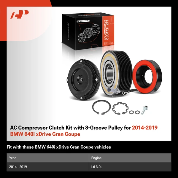 AC Compressor Clutch Kit with 8-Groove Pulley for 2014-2019 BMW 640i xDrive Gran Coupe