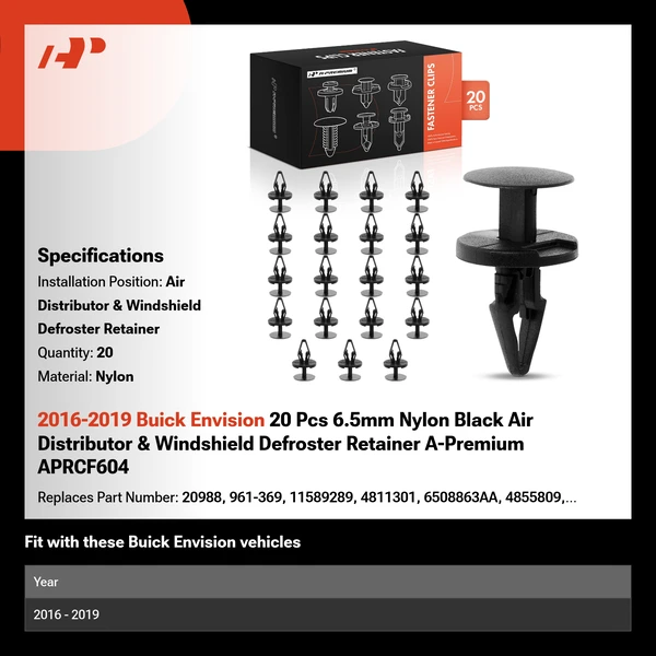 2016-2019 Buick Envision 20 Pcs 6.5mm Nylon Black Air Distributor & Windshield Defroster Retainer A-Premium APRCF604