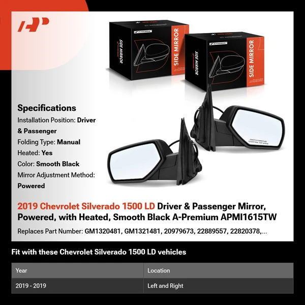 2019 Chevrolet Silverado 1500 LD Driver & Passenger Mirror, Powered, with Heated, Smooth Black A-Premium APMI1615TW