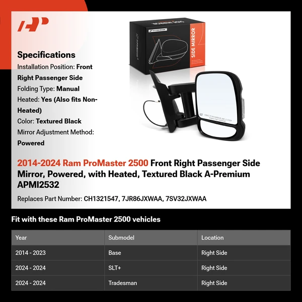 2014-2024 Ram ProMaster 2500 Front Right Passenger Side Mirror, Powered, with Heated, Textured Black A-Premium APMI2532