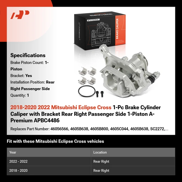 2018-2020 2022 Mitsubishi Eclipse Cross 1-Pc Brake Cylinder Caliper with Bracket Rear Right Passenger Side 1-Piston A-Premium APBC4486