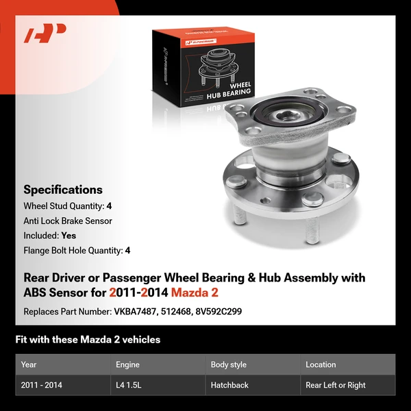 Rear Driver or Passenger Wheel Bearing & Hub Assembly with ABS Sensor for 2011-2014 Mazda 2