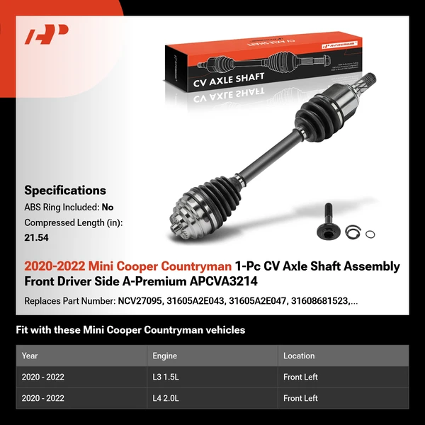 2020-2022 Mini Cooper Countryman 1-Pc CV Axle Shaft Assembly Front Driver Side A-Premium APCVA3214
