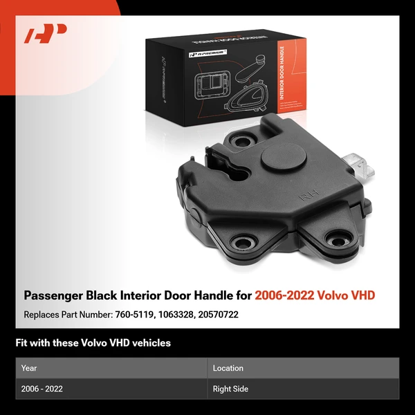 Passenger Black Interior Door Handle for 2006-2022 Volvo VHD