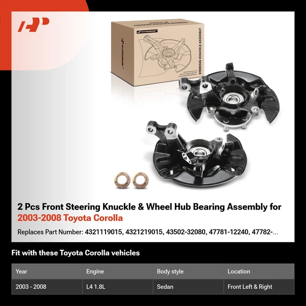 2 Pcs Front Steering Knuckle & Wheel Hub Bearing Assembly for 2003-2008 Toyota Corolla