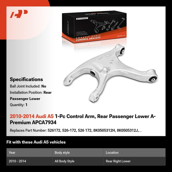 2010-2014 Audi A5 1-Pc Control Arm, Rear Passenger Lower A-Premium APCA7934