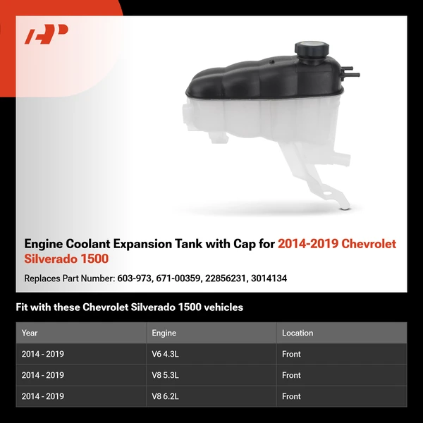 Engine Coolant Expansion Tank with Cap for 2014-2019 Chevrolet Silverado 1500
