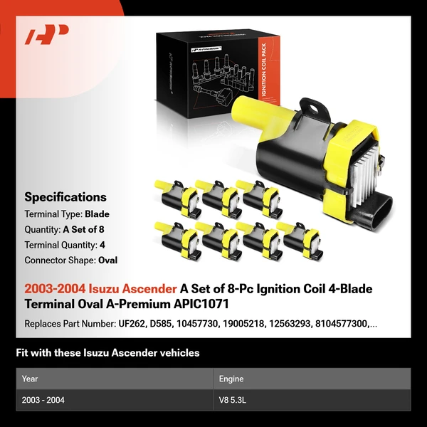 2003-2004 Isuzu Ascender A Set of 8-Pc Ignition Coil 4-Blade Terminal Oval A-Premium APIC1071