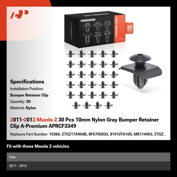 2011-2012 Mazda 2 30 Pcs 10mm Nylon Gray Bumper Retainer Clip A-Premium APRCF3349