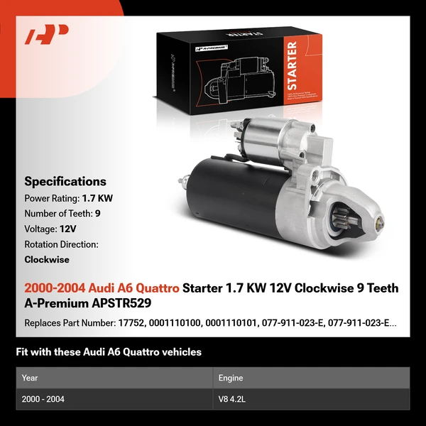 2000-2004 Audi A6 Quattro Starter 1.7 KW 12V Clockwise 9 Teeth A-Premium APSTR529