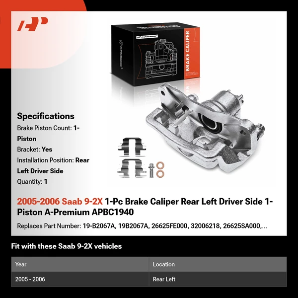 2005-2006 Saab 9-2X 1-Pc Brake Caliper Rear Left Driver Side 1-Piston A-Premium APBC1940