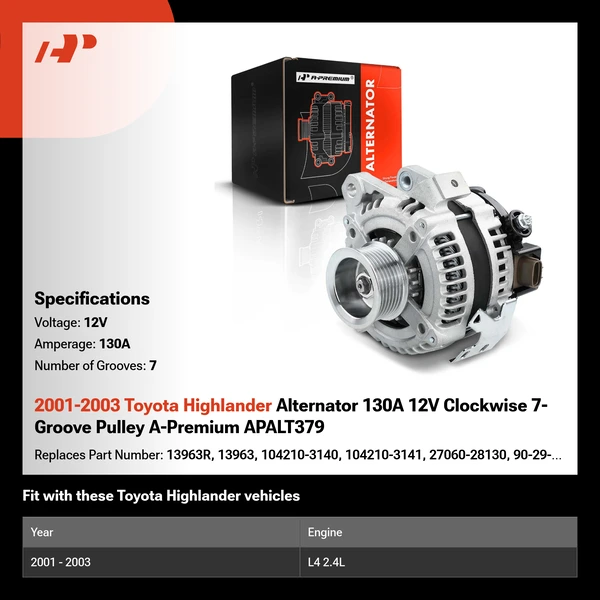 2001-2003 Toyota Highlander Alternator 130A 12V Clockwise 7-Groove Pulley A-Premium APALT379