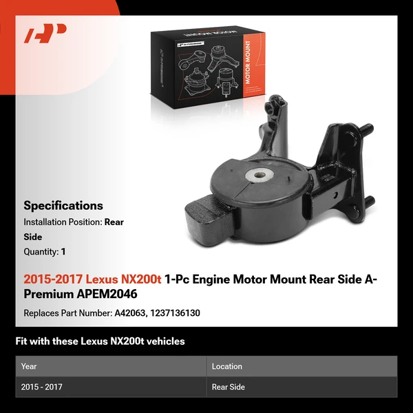2015-2017 Lexus NX200t 1-Pc Engine Motor Mount Rear Side A-Premium APEM2046