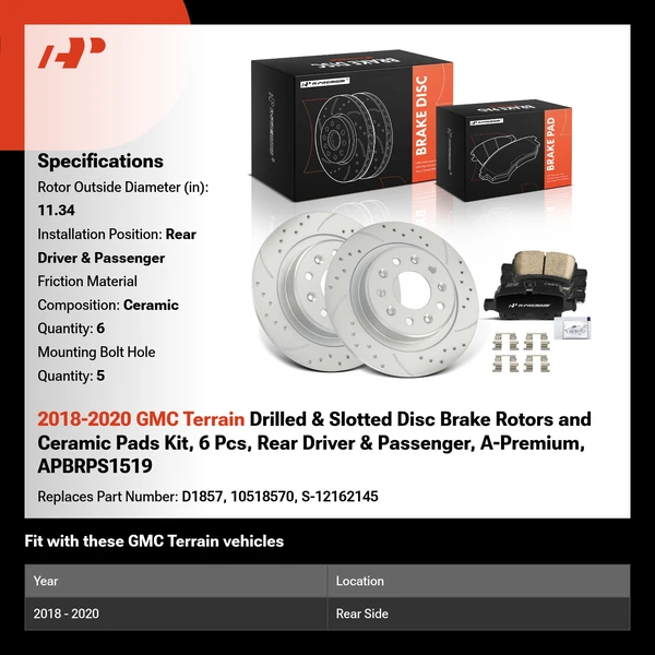 2018-2020 GMC Terrain Drilled & Slotted Disc Brake Rotors and Ceramic Pads Kit, 6 Pcs, Rear Driver & Passenger, A-Premium, APBRPS1519