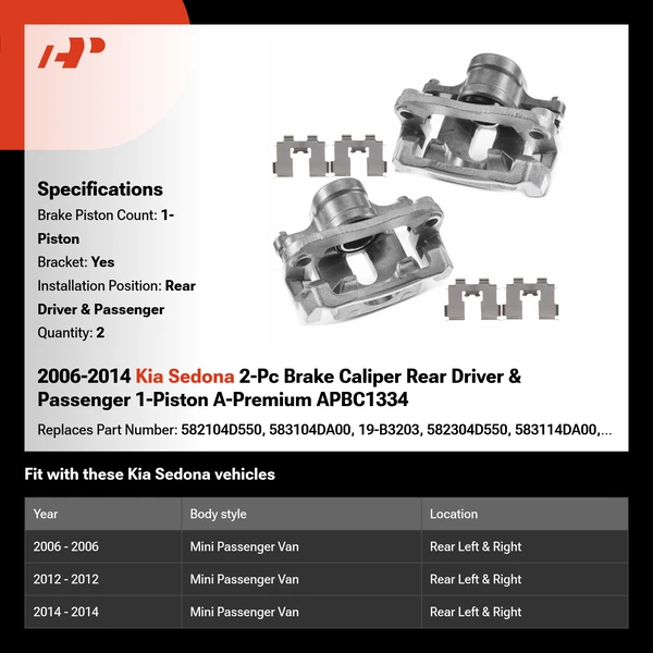 2006-2014 Kia Sedona 2-Pc Brake Caliper Rear Driver & Passenger 1-Piston A-Premium APBC1334