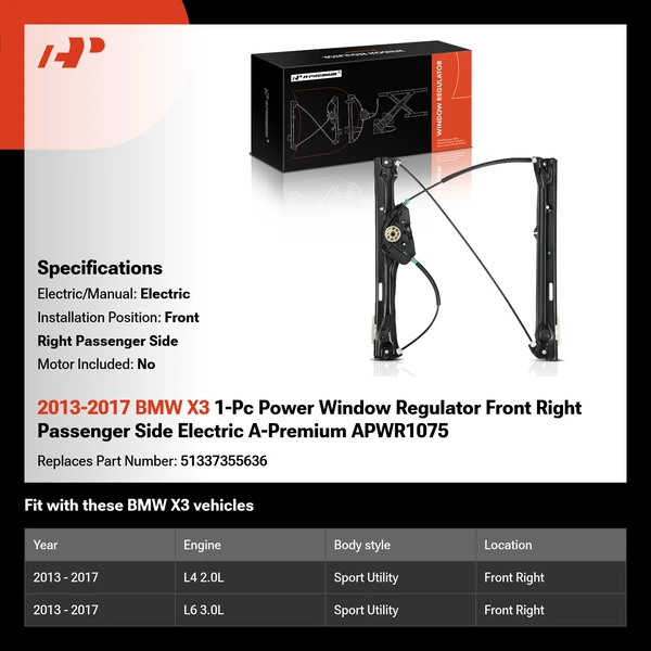 2013-2017 BMW X3 1-Pc Power Window Regulator Front Right Passenger Side Electric A-Premium APWR1075