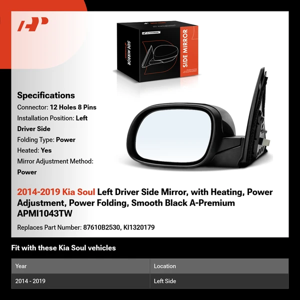 2014-2019 Kia Soul Left Driver Side Mirror, with Heating, Power Adjustment, Power Folding, Smooth Black A-Premium APMI1043TW