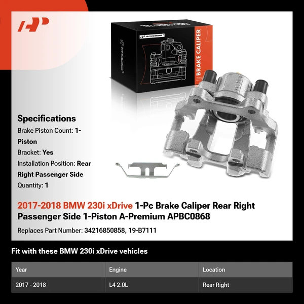 2017-2018 BMW 230i xDrive 1-Pc Brake Caliper Rear Right Passenger Side 1-Piston A-Premium APBC0868