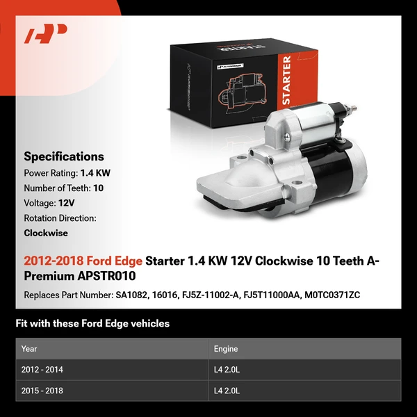 2012-2018 Ford Edge Starter 1.4 KW 12V Clockwise 10 Teeth A-Premium APSTR010