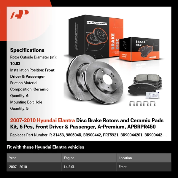 2007-2010 Hyundai Elantra Disc Brake Rotors and Ceramic Pads Kit, 6 Pcs, Front Driver & Passenger, A-Premium, APBRPR450