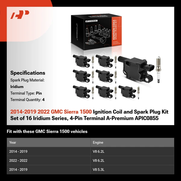 2014-2019 2022 GMC Sierra 1500 Ignition Coil and Spark Plug Kit Set of 16 Iridium Series, 4-Pin Terminal A-Premium APIC0855