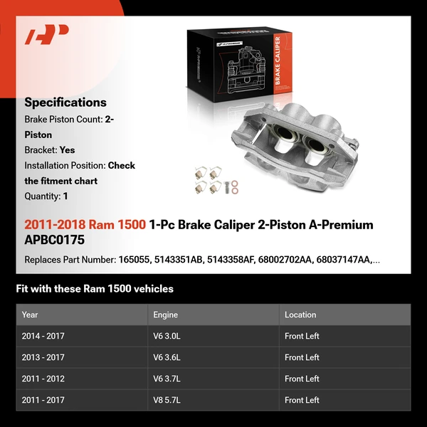 2011-2018 Ram 1500 1-Pc Brake Caliper 2-Piston A-Premium APBC0175