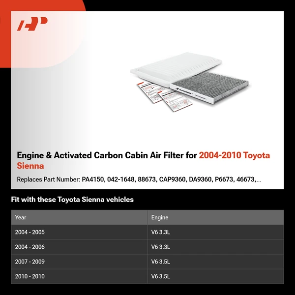 Engine & Activated Carbon Cabin Air Filter for 2004-2010 Toyota Sienna
