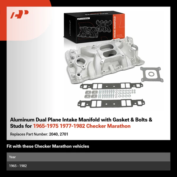 Aluminum Dual Plane Intake Manifold with Gasket & Bolts & Studs for 1965-1975 1977-1982 Checker Marathon